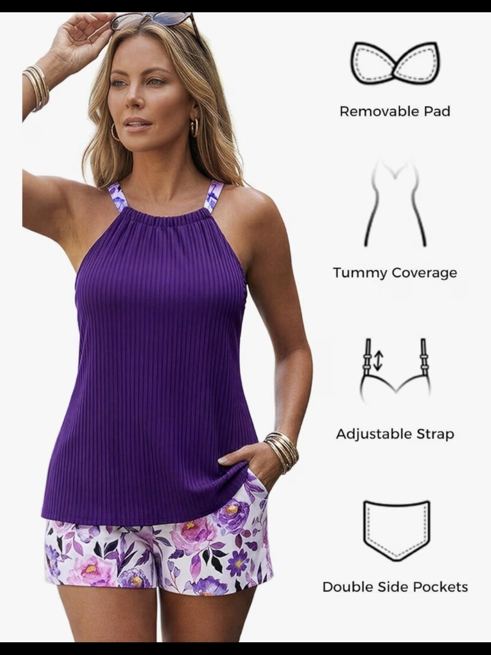 Modlily Ruched Round Neck Tankini Swimsuit with Pocket Shorts #1443 - Picture 8 of 10
